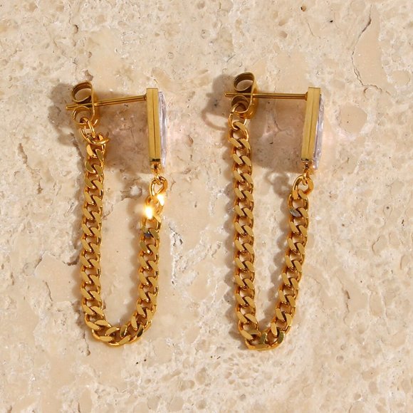 Zircon Chain Earrings With 18K Gold Plated Stainless Steel Waterproof - Picture 6 of 7